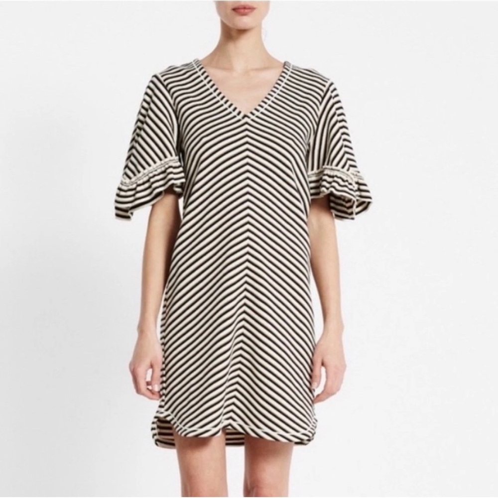 See By Chloe Striped Knit Ruffle Sleeve Shift Dress V Neck Mini Size Medium.